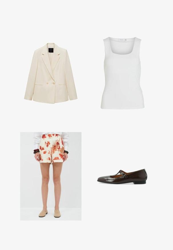 Dubbelzijdige blazer in crème, met een notch-kraag, twee voorzakken en knoopsluiting. Gemaakt van een gladde stof met een gestructureerde pasvorm.; Witte mouwloze tanktop met een vierkante halslijn, een gladde textuur en een nauwsluitend ontwerp. Gemaakt van lichtgewicht stof.; Bloemrijke shorts in roomkleur met rode en oranje patronen, strak gesneden met plooien aan de voorkant en opgerolde mouwen, gemaakt van lichtgewicht stof.; Bruine gepatineerde Mary Jane ballerina met een afgeronde neuzen, een gespstrap en een lage hak, met een gladde, glanzende textuur.
