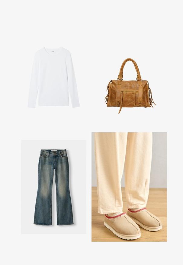 Black wool coat with a double-breasted design, large collar, shoulder epaulettes, and buttoned cuffs. Features front pockets and bronze buttons.; Beige knitted cardigan with long sleeves and five wooden buttons down the front, featuring a round neckline and ribbed cuffs and hem.; White long-sleeve shirt made of smooth cotton, featuring a round neckline and no patterns or embellishments. Classic, minimalistic design.; Blue flared jeans with a faded wash, five pockets, and a button closure. Material shows a denim texture with subtle stitching details.; Tan suede clogs with a red decorative trim and white rubber sole, paired with light beige pants, set on a wooden floor.; Tan leather handbag with two short handles, zip pocket, metal accents, and decorative side tassels. Soft texture with a slightly wrinkled finish.