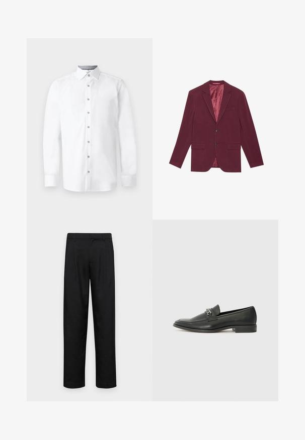 Blazer bordeaux com uma textura suave, design de um só botão, duas bolsos frontais e forro de cetim numa tonalidade mais clara.; camisa branca com mangas longas, frente com botões, colarinho pontiagudo e textura suave. Apresenta seis botões e mangas com punhos.; Calças pretas feitas de tecido suave, com um design de perna reta, dois pregas frontais e uma cintura padrão com passantes para cinto.; Sapatilha de couro preta com um acabamento suave, apresentando um design cosido e um detalhe decorativo de corrente de metal atravessando o peito do pé. Salto baixo.