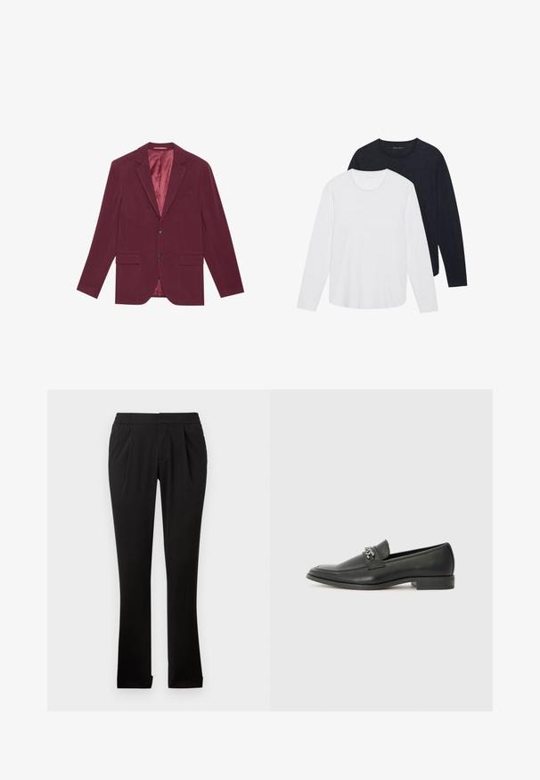 Burgundski blazer z gladko teksturo, enojnim zapenjanjem, dvema sprednjima žepoma in satensko podlogo v svetlejši barvi.; Dve majice s dolgimi rokavi: ena bela in ena temno siva. Obe imata okrogla izreza in gladko, mehko teksturo.; Črne hlače iz gladkega blaga z elastičnim pasom, ravnimi nogavicami, sprednjimi pregibi in zavihanimi robovi. Preprost in vsestranski dizajn.; Črni usnjeni loafer z gladko površino, ki ima šivano zasnovo in dekorativni kovinski verižni naglas preko vampirja. Ravno peto.