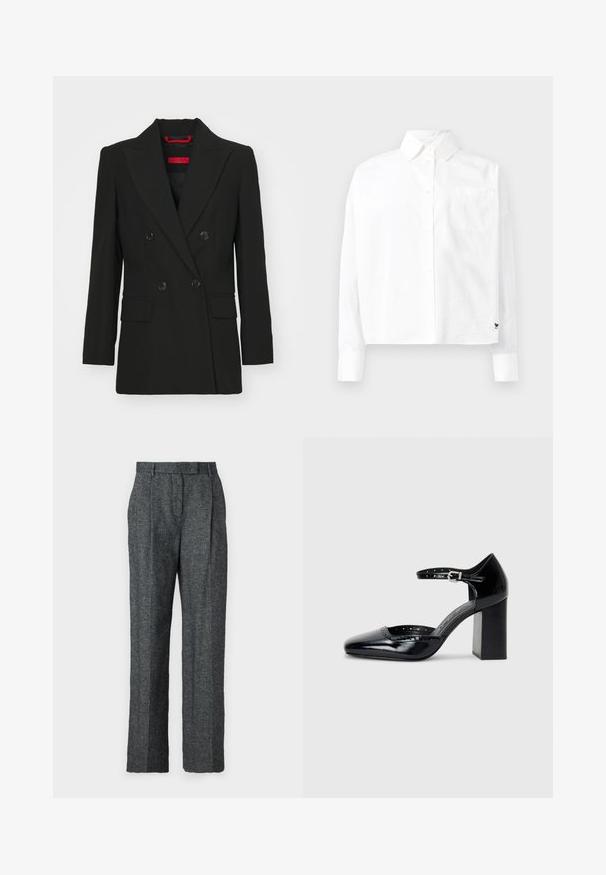 Black double-breasted blazer with peak lapels, two front pockets, and button closures. Smooth texture, tailored fit, and red brand label visible.; White long-sleeve button-up shirt with a pointed collar, single chest pocket, and cuffed sleeves. Made of smooth, lightweight fabric.; Gray wool trousers featuring a straight cut, pleated front, and wide legs with a textured finish. No visible pockets or embellishments.; Black patent leather high-heeled shoes with a square toe, ankle strap, and a chunky heel. Includes perforated detailing along the rim.