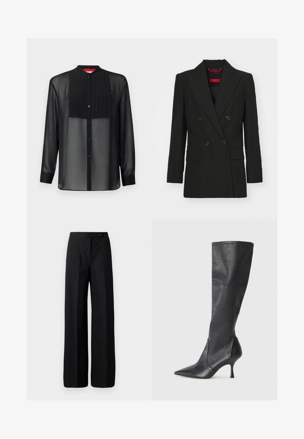 Blazer doppiopetto nero con rever a punta, due tasche frontali e chiusure a bottone. Tessuto liscio, vestibilità su misura e etichetta del marchio rossa visibile.; Camicia nera a maniche lunghe in tessuto trasparente con un pannello frontale plissettato. Caratterizzata da un colletto alla cinese e chiusura a bottone sul davanti.; Pantaloni neri a gamba ampia con una texture liscia e opaca. Vita piatta senza hardware o motivi visibili. Design semplice ed elegante.; Stivali neri in pelle al ginocchio con punta affusolata e tacco a stiletto sottile. Texture liscia con design aderente e cuciture lungo il bordo superiore.
