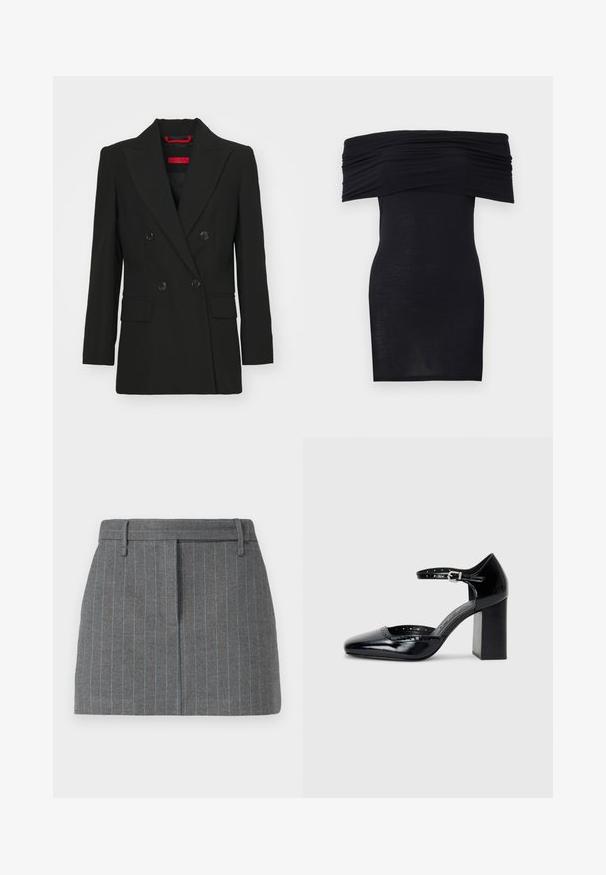 Zwarte dubbelzijdige blazer met piekflappen, twee voorzakken en knoopsluitingen. Gladde textuur, getailleerde pasvorm, en rood merkembleem zichtbaar.; Zwarte off-the-shoulder jurk met geplooide halslijn, slim fit en een gladde textuur. Minimalistisch ontwerp, knielang en zonder verdere versieringen.; Grijze gestreepte rok, op maat gemaakt, met lichte blauwe strepen, riemlussen en een voorkreuk. Gemaakt van gestructureerde stof. Korte lengte.; Zwarte lakleren hoge hakken met een vierkante neus, enkelbandje en een chunky hak. Inclusief geperforeerde details langs de rand.