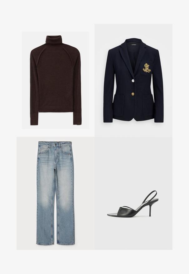 Granatowa marynarka z teksturowanej tkaniny, złotymi detalami, z jednym guzikowym zapięciem oraz kieszenią na piersi z haftowanym logo.; Brązowy sweter z golfem wykonany z miękkiego materiału, z długimi rękawami raglanowymi, ściągaczami przy mankietach i dekolcie oraz z subtelnym logo na dole.; Jasnoniebieskie dżinsy z prostym krojem, wysoko w talii, z pięcioma kieszeniami i subtelnym wybledzeniem na udach i kolanach.; Czarne skórzane sandały na wysokim obcasie z ostro zakończonym noskiem, cienkim paskiem wokół kostki i obcasem typu stiletto. Posiadają węzeł na przodzie.