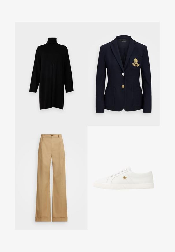 Tengerészblézer texturált anyagból, arany színű kiegészítőkkel, egy gombos záródással és mellzsebbel, amelyen hímezett logó található.; KNITID SPLIT PONCHO - Pulóver - black; Beige, bő szabású nadrág gombos záródással, sima textúrával és gyűrődések nélküli fazonnal. Felhajtott szárvégek extra részletességgel.; Lauren Ralph Lauren JANSON II CANVAS SNEAKER - Sportcipő - optic white