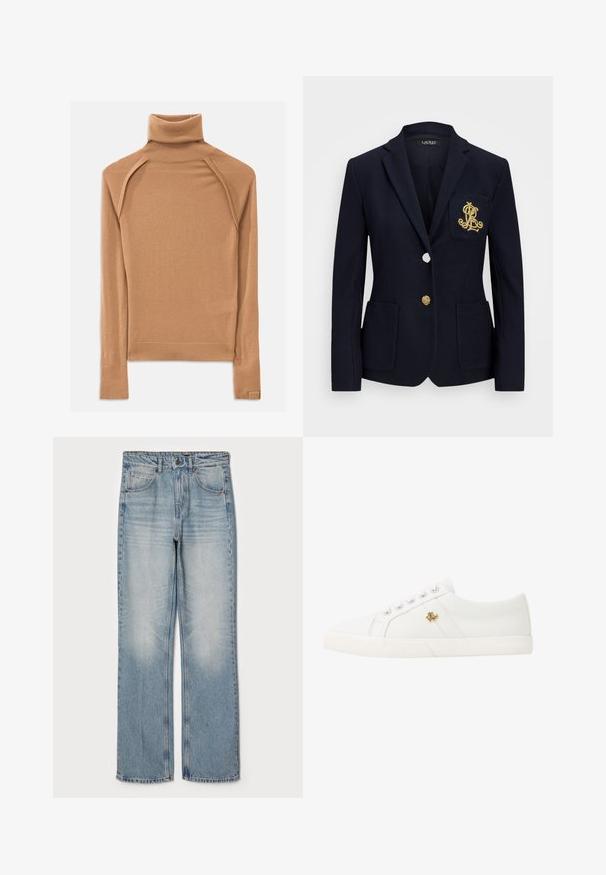 Blazer azul-marinho com um tecido texturado, acessórios em dourado, fecho de um único botão e um bolso no peito com um logótipo bordado.; Suéter castanho de gola alta feito de tecido macio, com mangas raglan e silhueta ajustada. As bainhas e a gola caneladas destacam o design.; Jeans de denim azul claro com corte straight, apresentando uma cintura alta, design de cinco bolsos e desbotamento subtil nas coxas e joelhos.; Lauren Ralph Lauren JANSON II CANVAS SNEAKER - Sapatilhas - optic white