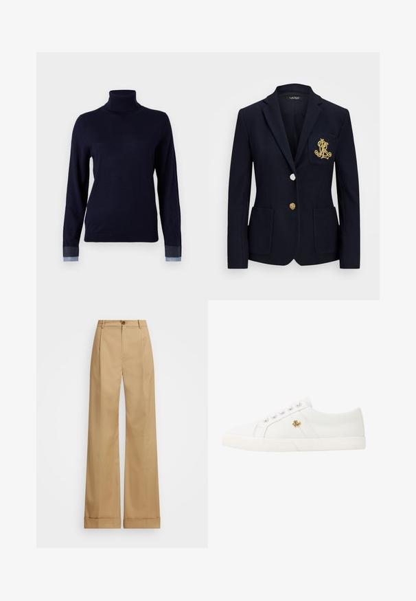 Námořnický blazer s texturovanou tkaninou, zlatými kovovými detaily, zapínáním na jeden knoflík a náprsní kapsou s vyšitým logem.; Námořnický rolák z měkké tkaniny, s dlouhými rukávy a denimovými akcenty na manžetách, s přiléhavým střihem.; Béžové kalhoty širokého střihu s knoflíkovým zapínáním, které mají hladkou strukturu a stlačené záhyby. Manžety na nohavicích pro zvýraznění detailu.; Lauren Ralph Lauren JANSON II CANVAS SNEAKER - Tenisky - optic white