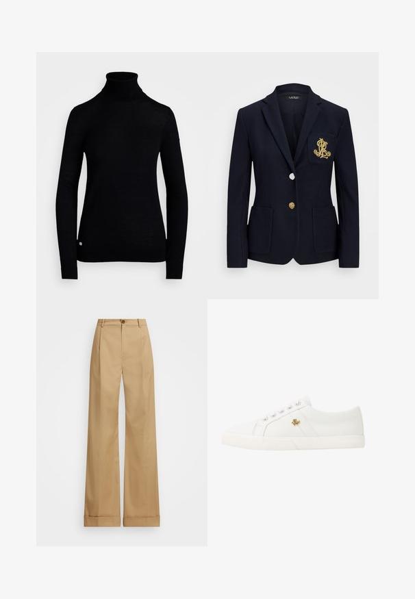 Mornarsko sako iz teksturiranega materiala, z zlatimi detajli, enojnim gumbom in žepom na prsih, ki ima izvezen logotip.; Črna pulover turtleneck iz pletene tkanine, z dolgimi rokavi in tesno prilegajočim dizajnom. Vključuje majhen logotip na robu.; Bež široke hlače s gumbom, ki imajo gladko teksturo in zamejene gube. Ob robovih so skrajšane za dodaten detajl.; Lauren Ralph Lauren JANSON II CANVAS SNEAKER - Športni copati - optic white