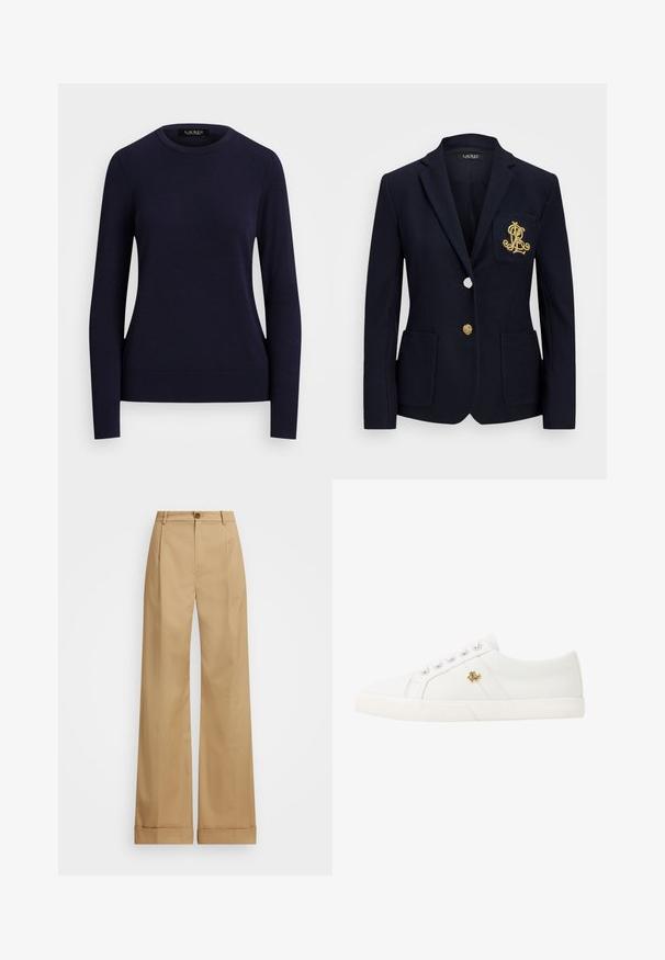 Blazer de marină dintr-un material texturat, cu detalii din aur, închidere cu un singur nasture și un buzunar pe piept care are un logo brodat.; Pulover tricotat de culoare albastră-marina, cu guler rotund, mâneci lungi, manșete și tiv cu textură netedă și un design ajustat.; Pantaloni bej cu croi larg, cu închidere prin buton, având o textură netedă și pliuri presate. Picioare cu mansete pentru un detaliu suplimentar.; Lauren Ralph Lauren JANSON II CANVAS SNEAKER - Sneakers low - optic white