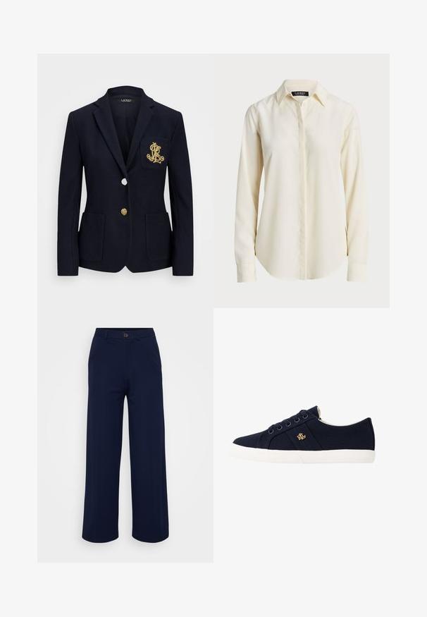 Námořnický blazer s texturovanou tkaninou, zlatými kovovými detaily, zapínáním na jeden knoflík a náprsní kapsou s vyšitým logem.; Světle krémová košile s dlouhým rukávem, špičatým límcem, knoflíkovým zapínáním vpředu a hladkou texturou; má zaoblený lem a přiléhavý střih.; Even&Odd Petite Kalhoty - dark blue; Lauren Ralph Lauren JANSON II CANVAS SNEAKER - Tenisky - navy