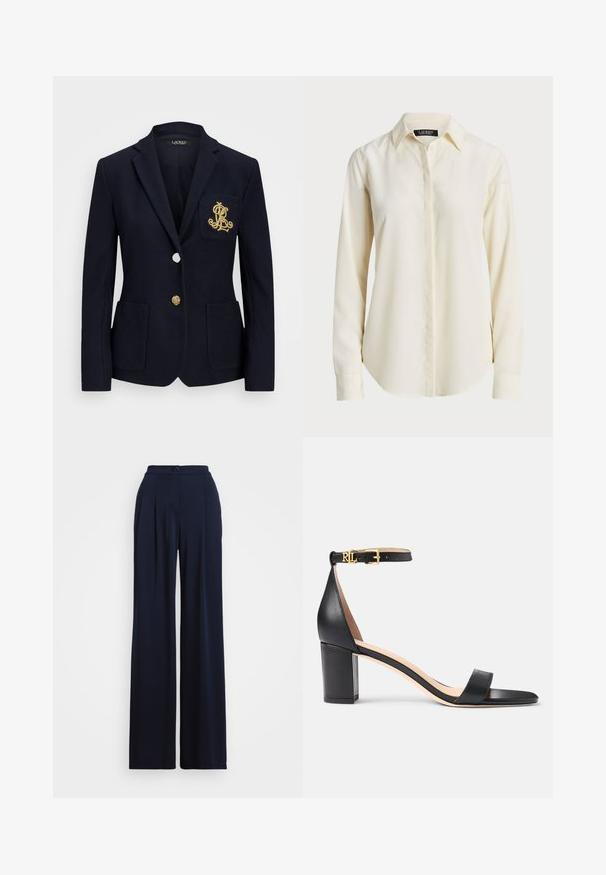 Ναυτικό σακάκι με υφή, χρυσά αξεσουάρ, κλείσιμο με ένα κουμπί και τσέπη στο στήθος που διαθέτει κεντημένο λογότυπο.; Ανοιχτό κρέμα μακρυμάνικη μπλούζα με καστανό κολάρο, κουμπιά μπροστά και λεία υφή; διαθέτει στρογγυλή ποδιά και κομψή εφαρμογή.; Σκουρομπλέ παντελόνι με φαρδύ πόδι, με πιέτες μπροστά και κουμπί στη μέση, εκτεθειμένο σε απλό φόντο.; Lauren Ralph Lauren LOGAN BURNISHED LEATHER SANDAL - Σανδάλια - black