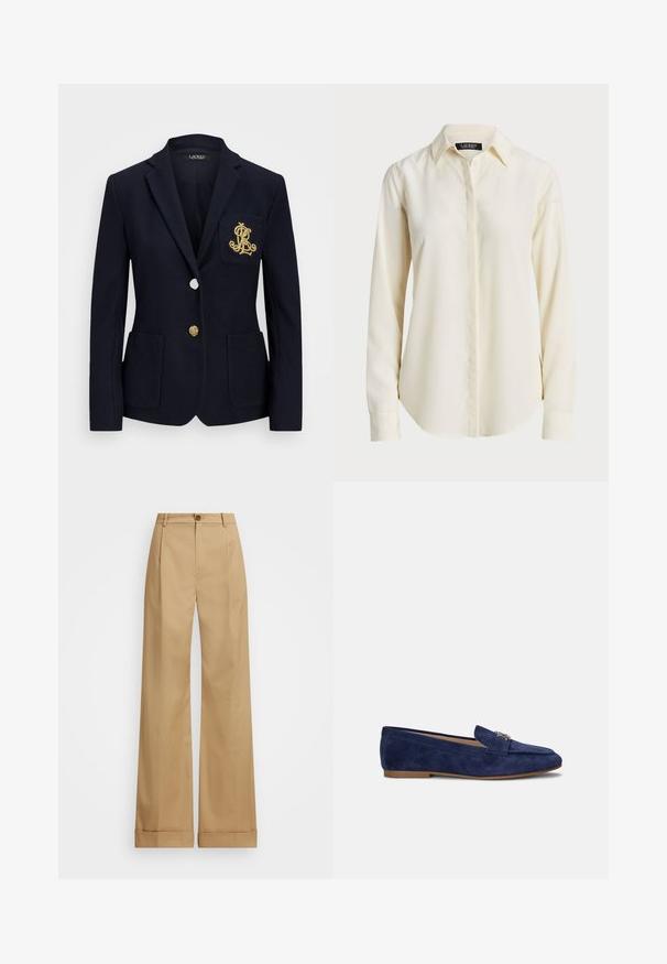 Tumesinern blazer tekstuuriga kangast, kuldsete detailidega, ühe nööbi sulgemise ja rinnaesise taskuga, millel on tikandiga logo.; Heled kreemjas pikakäistega särk, millel on terav krae, nööpidega esiosa ja sile tekstuur; omaduseks on ümar hem ja kohandatud lõige.; Bežid laiad püksid nupuga sulgemisega, sileda tekstuuriga ja pressitud kortsudega. Hõlmade äärtega lisadetail.; Lauren Ralph Lauren AVERI III SUEDE LOAFER - Jalga libistatavad jalanõud - refined navy