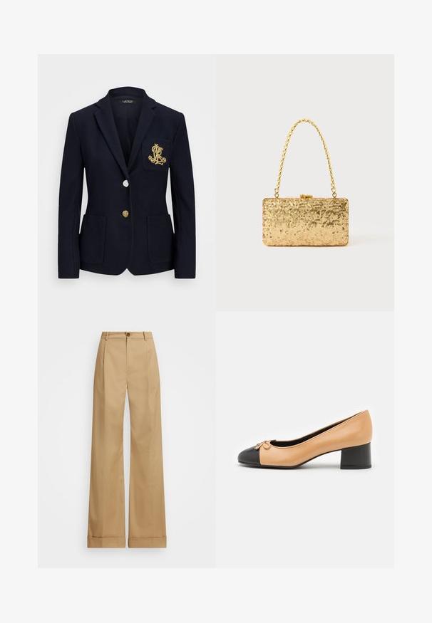Navy blazer with a textured fabric, gold hardware, a single button closure, and a chest pocket featuring an embroidered logo.; Light cream long-sleeve shirt with a pointed collar, button-down front, and smooth texture; features a rounded hem and tailored fit.; Beige wide-leg trousers with a button closure, featuring a smooth texture and pressed creases. Cuffed hems for added detail.; Beige leather pump with a black rounded toe, small bow detail, and a low block heel. Smooth texture and a classic silhouette.; Gold sequin clutch with a rectangular shape, featuring a twisted chain handle and a metal clasp closure, reflecting light with a textured finish.