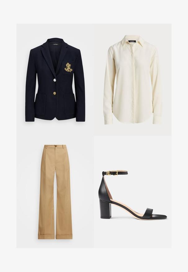 Tumesinern blazer tekstuuriga kangast, kuldsete detailidega, ühe nööbi sulgemise ja rinnaesise taskuga, millel on tikandiga logo.; Heled kreemjas pikakäistega särk, millel on terav krae, nööpidega esiosa ja sile tekstuur; omaduseks on ümar hem ja kohandatud lõige.; Bežid laiad püksid nupuga sulgemisega, sileda tekstuuriga ja pressitud kortsudega. Hõlmade äärtega lisadetail.; Lauren Ralph Lauren LOGAN BURNISHED LEATHER SANDAL - Sandaalid - black