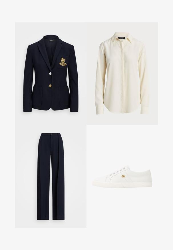 Ναυτικό σακάκι με υφή, χρυσά αξεσουάρ, κλείσιμο με ένα κουμπί και τσέπη στο στήθος που διαθέτει κεντημένο λογότυπο.; Ανοιχτό κρέμα μακρυμάνικη μπλούζα με καστανό κολάρο, κουμπιά μπροστά και λεία υφή; διαθέτει στρογγυλή ποδιά και κομψή εφαρμογή.; Ναυτικές παντελόνες με φαρδιά πόδια, πτυχές, κλείσιμο με κουμπί και απαλό υλικό. Σχεδιασμένες για άνετη και χαλαρή εφαρμογή.; Lauren Ralph Lauren JANSON II CANVAS SNEAKER - Αθλητικά παπούτσια - optic white
