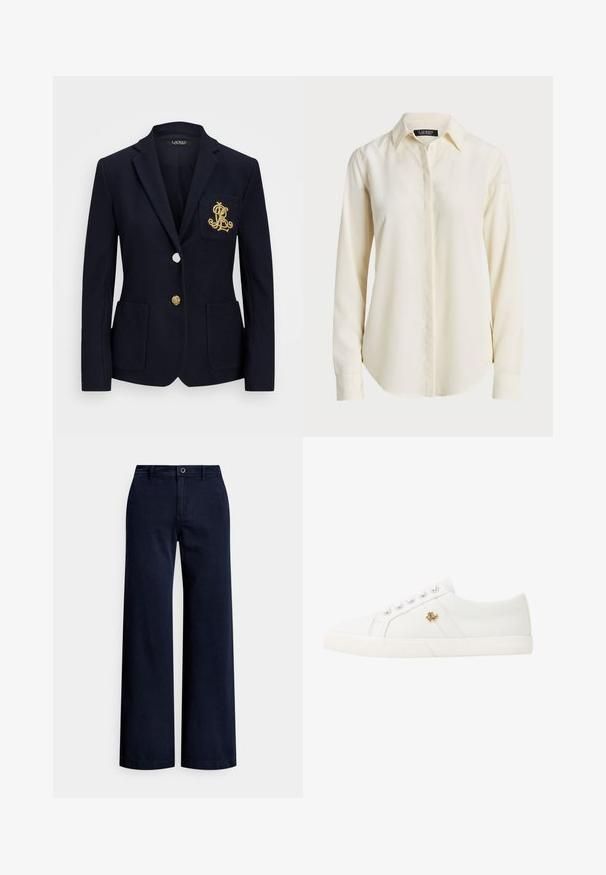 Námořnický blazer s texturovanou tkaninou, zlatými kovovými detaily, zapínáním na jeden knoflík a náprsní kapsou s vyšitým logem.; Světle krémová košile s dlouhým rukávem, špičatým límcem, knoflíkovým zapínáním vpředu a hladkou texturou; má zaoblený lem a přiléhavý střih.; Námořnicky modré kalhoty s širokými nohavicemi, vyrobené z bavlny, s předním zapínáním na knoflíky, poutky na pásek a hladkým, texturovaným povrchem.; Lauren Ralph Lauren JANSON II CANVAS SNEAKER - Tenisky - optic white