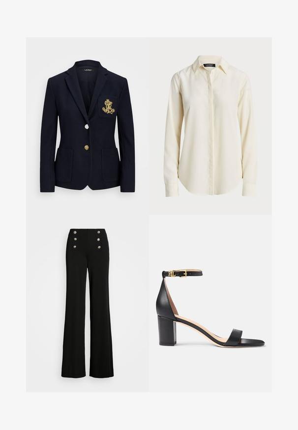 Blazer azul-marinho com um tecido texturado, acessórios em dourado, fecho de um único botão e um bolso no peito com um logótipo bordado.; Camisa de manga longa de cor creme clara com colarinho pontiagudo, frente com botões e textura suave; apresenta uma bainha arredondada e corte ajustado.; Calças pretas de cintura alta com pernas largas, apresentando quatro botões prateados na frente e um tecido liso, sem textura.; Lauren Ralph Lauren LOGAN BURNISHED LEATHER SANDAL - Sandálias - black