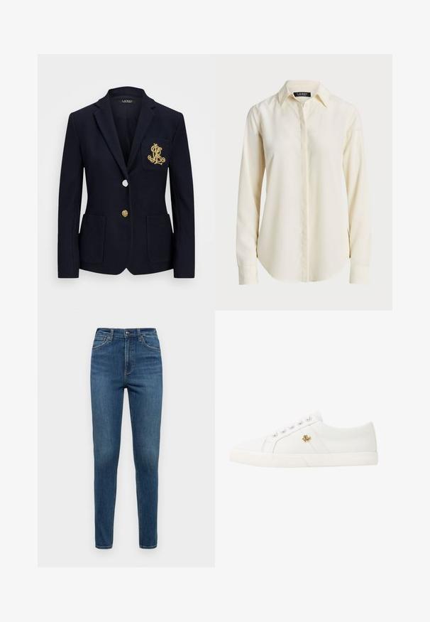 Navy blazer with a textured fabric, gold hardware, a single button closure, and a chest pocket featuring an embroidered logo.; Light cream long-sleeve shirt with a pointed collar, button-down front, and smooth texture; features a rounded hem and tailored fit.; Blue denim jeans with a slim fit, featuring a mid-rise waist, five-pocket design, and subtle fading on the thighs and knees.; Lauren Ralph Lauren JANSON II CANVAS SNEAKER - Trainers - optic white