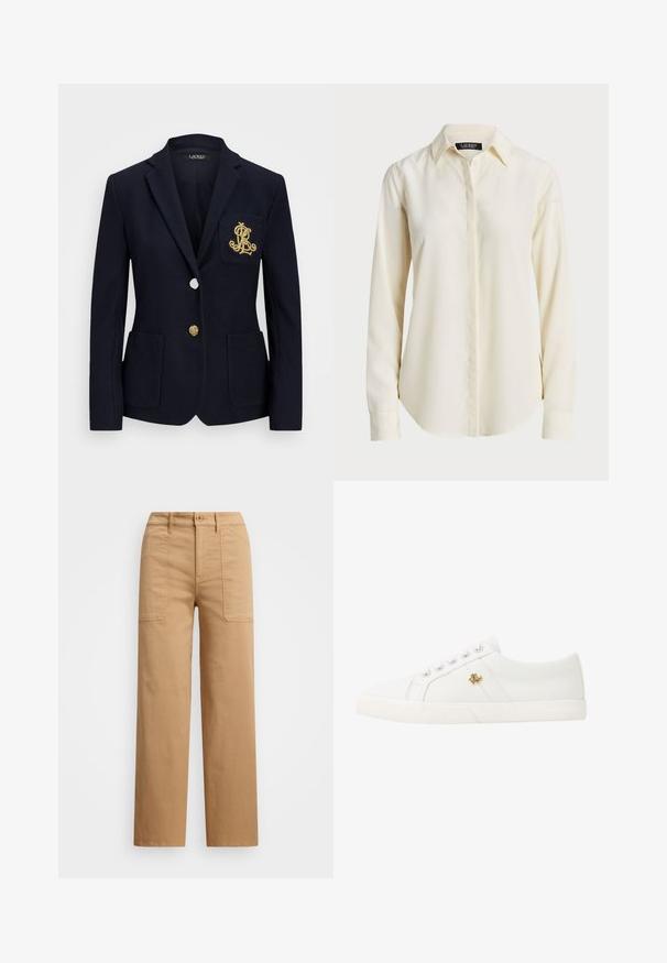 Námořnický blazer s texturovanou tkaninou, zlatými kovovými detaily, zapínáním na jeden knoflík a náprsní kapsou s vyšitým logem.; Světle krémová košile s dlouhým rukávem, špičatým límcem, knoflíkovým zapínáním vpředu a hladkou texturou; má zaoblený lem a přiléhavý střih.; Bežové bavlněné kalhoty s rovnými nohavicemi, se zapínáním na knoflíky, předními kapsami a viditelnými švy.; Lauren Ralph Lauren JANSON II CANVAS SNEAKER - Tenisky - optic white