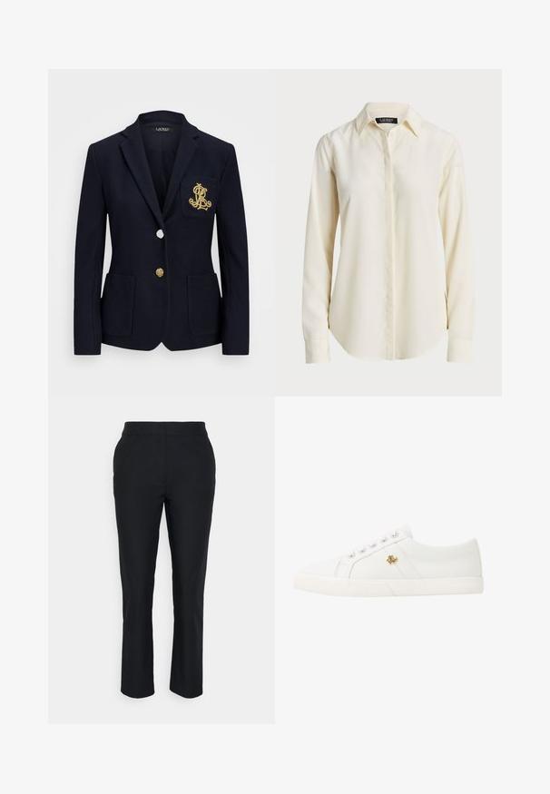 Blazer azul-marinho com um tecido texturado, acessórios em dourado, fecho de um único botão e um bolso no peito com um logótipo bordado.; Camisa de manga longa de cor creme clara com colarinho pontiagudo, frente com botões e textura suave; apresenta uma bainha arredondada e corte ajustado.; Calças pretas ajustadas com pernas retas, feitas de um tecido suave. Apresentam uma cintura sem fechos ou bolsos visíveis.; Lauren Ralph Lauren JANSON II CANVAS SNEAKER - Sapatilhas - optic white