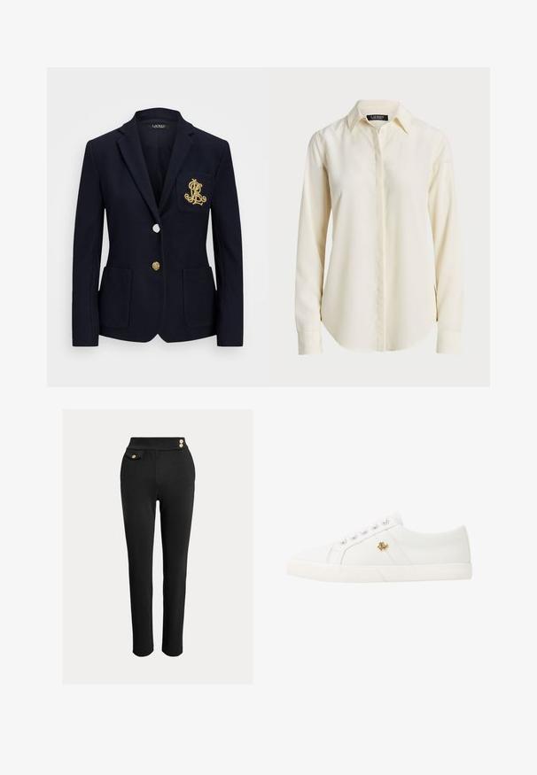 Ναυτικό σακάκι με υφή, χρυσά αξεσουάρ, κλείσιμο με ένα κουμπί και τσέπη στο στήθος που διαθέτει κεντημένο λογότυπο.; Ανοιχτό κρέμα μακρυμάνικη μπλούζα με καστανό κολάρο, κουμπιά μπροστά και λεία υφή; διαθέτει στρογγυλή ποδιά και κομψή εφαρμογή.; Μαύροι στενοί παντελόνες με ψηλή μέση, διακοσμητικά χρυσά κουμπιά στη ζώνη και μια μικρή τσέπη με καπάκι στη δεξιά πλευρά.; Lauren Ralph Lauren JANSON II CANVAS SNEAKER - Αθλητικά παπούτσια - optic white