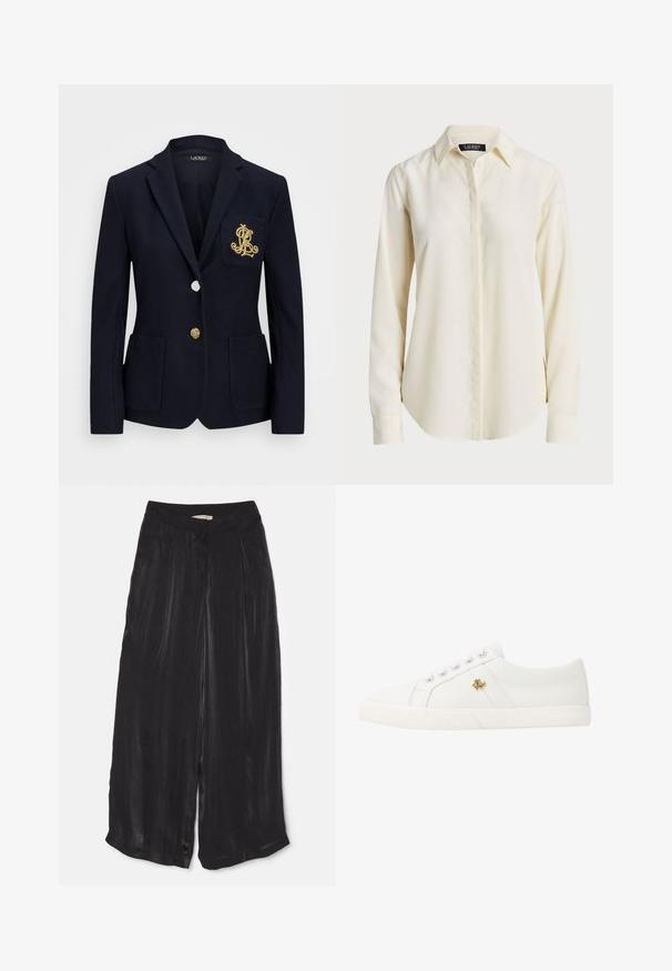 Marineblazer van een gestructureerde stof, met gouden hardware, een enkele knoopsluiting en een borstzak met een geborduurd logo.; Lichtcrème langemouwshirt met een puntige kraag, knoopsluiting aan de voorkant en een gladde textuur; heeft een ronde zoom en een slim fit.; Zwarte wijde broek van glad satijnen stof, met een hoge tailleband, voorste ploften en een verkorte lengte met zijsplitten.; Lauren Ralph Lauren JANSON II CANVAS SNEAKER - Sneakers laag - optic white