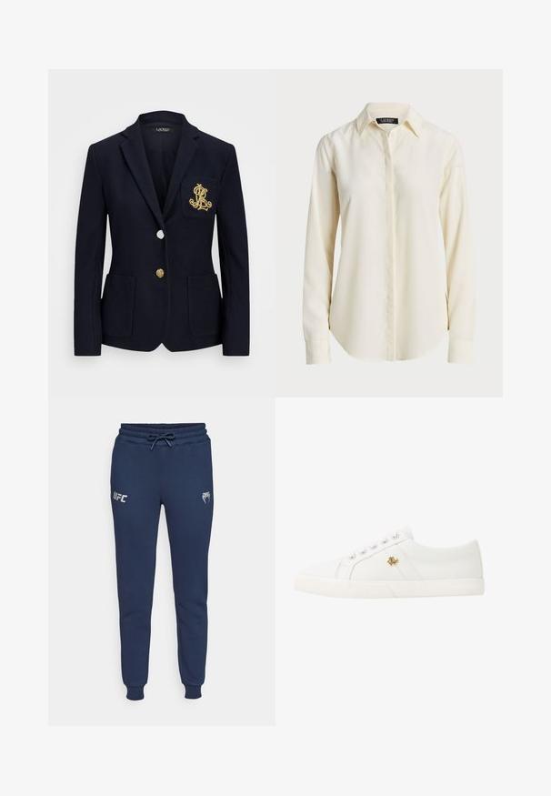 Mornarica jakna steksturiranom tkaninom, zlatnim detaljima, zatvaranjem na jedan gumb i prsnom džepom s izvezenim logotipom.; Svijetlosmeđa košulja dugih rukava s oštrim ovratnikom, kopčanjem sprijeda i glatkom teksturom; ima zaobljeni rub i prilagođeni kroj.; Tamnoplave trenirke izrađene od mekanog materijala, s pojasom na vezanje, rebrastim manžetama i otisnutim UFC logom s lijeve strane.; Lauren Ralph Lauren JANSON II CANVAS SNEAKER - Tenisice - optic white