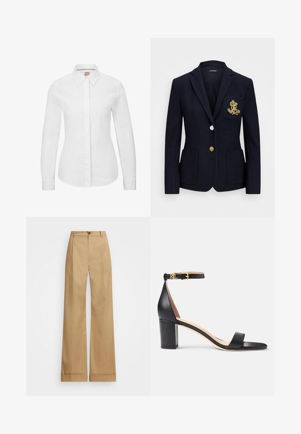 Navy blazer with a textured fabric, gold hardware, a single button closure, and a chest pocket featuring an embroidered logo.; White long-sleeve button-up shirt in crisp cotton fabric with a classic collar, front placket, and tailored fit. Smooth texture, no patterns.; Beige wide-leg trousers with a button closure, featuring a smooth texture and pressed creases. Cuffed hems for added detail.; Lauren Ralph Lauren LOGAN BURNISHED LEATHER SANDAL - Sandals - black