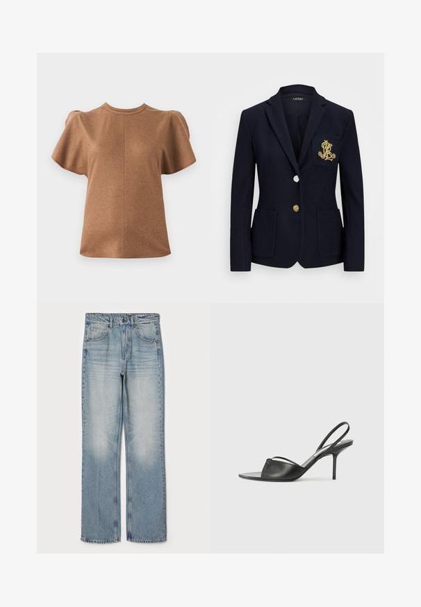 Jūrų laivyno švarkas iš tekstūruoto audinio, su auksiniais aksesuarais, vieno mygtuko užsegimu ir krūtininės kišene su siuvinėtu logotipu.; Ruda trumpų rankovių palaidinė su apvaliu kaklu ir pūstu rankovėmis. Pagaminta iš minkštos medžiagos, su išskirtiniu centriniu siūlės detalė.; Šviesiai mėlyni džinsai su tiesiu kirpimu, aukšta juosmens linija, penkių kišenių dizainas ir švelnus blukimas šlaunų ir kelių srityse.; Juodos odinės slingback aukštakulnės bateliai su smailiu priekiniu galu, plona kulkšnies juostele ir stiletto kulnu. Papuošti mazginio detalė vampyro dalyje.