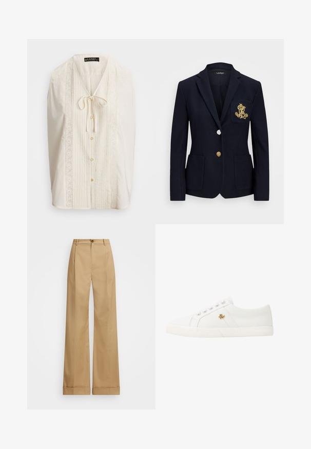Navy blazer with a textured fabric, gold hardware, a single button closure, and a chest pocket featuring an embroidered logo.; Light cream blouse with a V-neck, pleated front, lace trim, and five buttons. Features a tie at the neckline and sleeveless design.; Beige wide-leg trousers with a button closure, featuring a smooth texture and pressed creases. Cuffed hems for added detail.; Lauren Ralph Lauren JANSON II CANVAS SNEAKER - Trainers - optic white