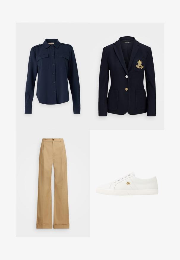 Navy blazer with a textured fabric, gold hardware, a single button closure, and a chest pocket featuring an embroidered logo.; Navy blue button-up shirt made of soft fabric. Features two chest pockets, shoulder epaulets, and long sleeves with buttoned cuffs.; Beige wide-leg trousers with a button closure, featuring a smooth texture and pressed creases. Cuffed hems for added detail.; Lauren Ralph Lauren JANSON II CANVAS SNEAKER - Trainers - optic white