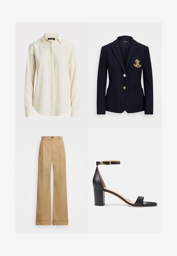Blazer navy in tessuto texturizzato, con accessori in oro, chiusura a un bottone e taschino sul petto con logo ricamato.; Camicia a maniche lunghe di colore crema chiaro con colletto appuntito, chiusura frontale con bottoni e texture liscia; presenta un orlo arrotondato e una vestibilità su misura.; Pantaloni beige a gamba larga con chiusura a bottone, caratterizzati da una trama liscia e pieghe stirate. Bottoms con risvolto per un tocco in più.; Lauren Ralph Lauren LOGAN BURNISHED LEATHER SANDAL - Sandali - black