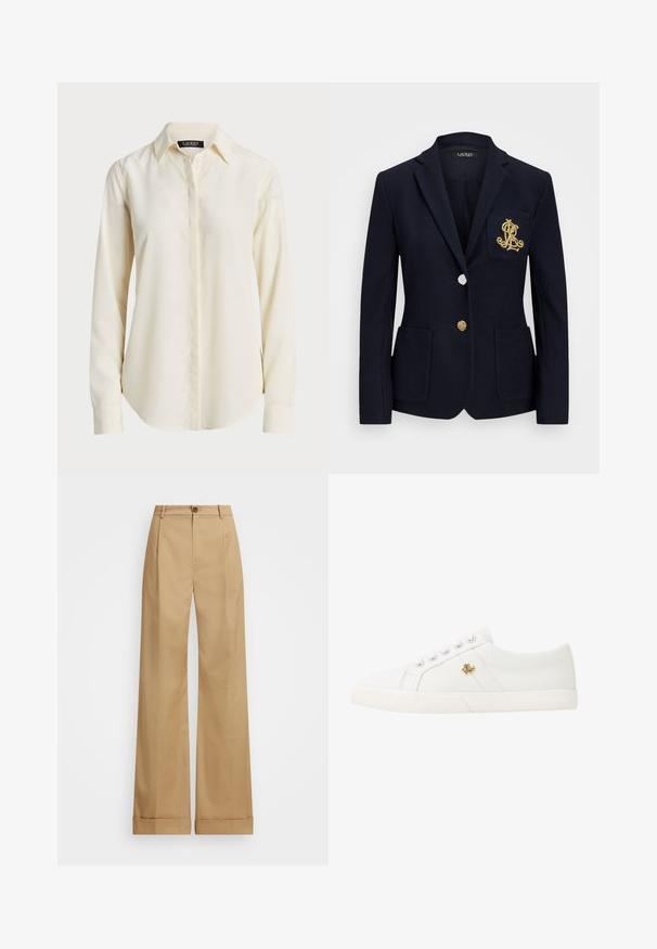 Blazer navy in tessuto texturizzato, con accessori in oro, chiusura a un bottone e taschino sul petto con logo ricamato.; Camicia a maniche lunghe di colore crema chiaro con colletto appuntito, chiusura frontale con bottoni e texture liscia; presenta un orlo arrotondato e una vestibilità su misura.; Pantaloni beige a gamba larga con chiusura a bottone, caratterizzati da una trama liscia e pieghe stirate. Bottoms con risvolto per un tocco in più.; Lauren Ralph Lauren JANSON II CANVAS SNEAKER - Sneakers basse - optic white