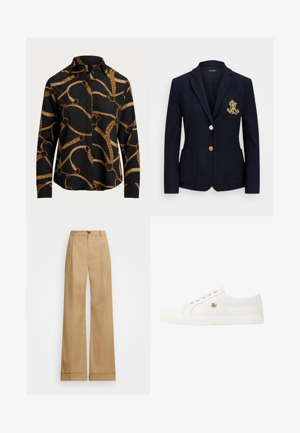 Blazer azul-marinho com um tecido texturado, acessórios em dourado, fecho de um único botão e um bolso no peito com um logótipo bordado.; Camisa de manga longa preta com um padrão de corrente dourada, apresentando colarinho e fecho de botão. Tecido suave com um corte descontraído.; Calças largas beje com fecho de botão, apresentando uma textura suave e pregas vincadas. Bainhas com punho para um detalhe adicional.; Lauren Ralph Lauren JANSON II CANVAS SNEAKER - Sapatilhas - optic white