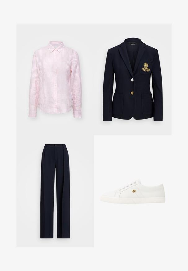 Navy blazer with a textured fabric, gold hardware, a single button closure, and a chest pocket featuring an embroidered logo.; Pink and white striped button-up shirt with long sleeves, made from a lightweight fabric, featuring a classic collar and a curved hem.; Navy wide-leg trousers with pleats, a button closure, and a smooth fabric texture. Designed for loose, comfortable fit.; Lauren Ralph Lauren JANSON II CANVAS SNEAKER - Trainers - optic white