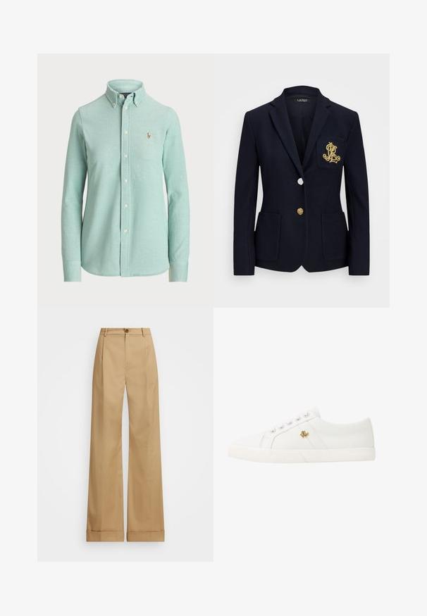 Navy blazer with a textured fabric, gold hardware, a single button closure, and a chest pocket featuring an embroidered logo.; Light mint green long-sleeve button-up shirt, made of cotton blend, features a classic collar and a small embroidered logo on the chest.; Beige wide-leg trousers with a button closure, featuring a smooth texture and pressed creases. Cuffed hems for added detail.; Lauren Ralph Lauren JANSON II CANVAS SNEAKER - Trainers - optic white