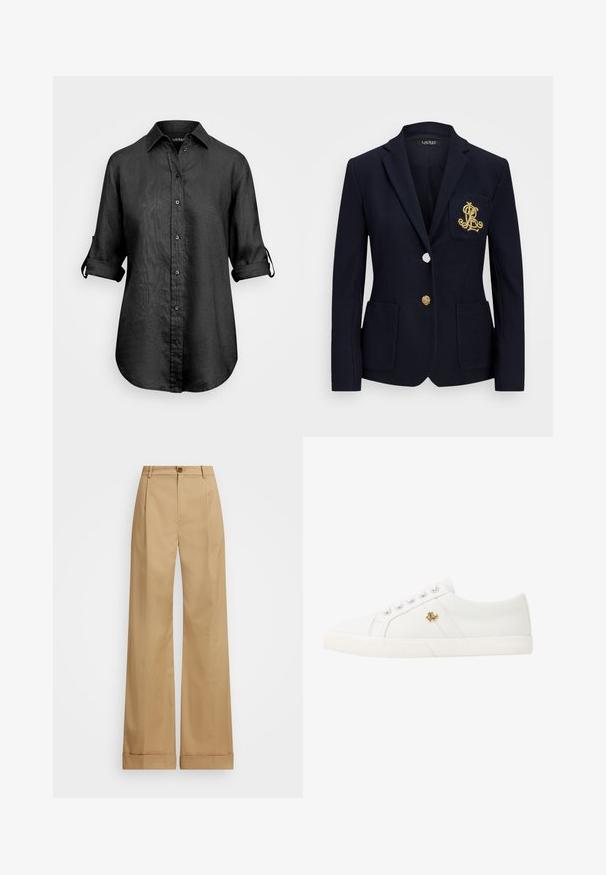 Mornarsko sako iz teksturiranega materiala, z zlatimi detajli, enojnim gumbom in žepom na prsih, ki ima izvezen logotip.; Lauren Ralph Lauren TISSUE LINEN SHIRT - Bluza z gumbi - black; Bež široke hlače s gumbom, ki imajo gladko teksturo in zamejene gube. Ob robovih so skrajšane za dodaten detajl.; Lauren Ralph Lauren JANSON II CANVAS SNEAKER - Športni copati - optic white
