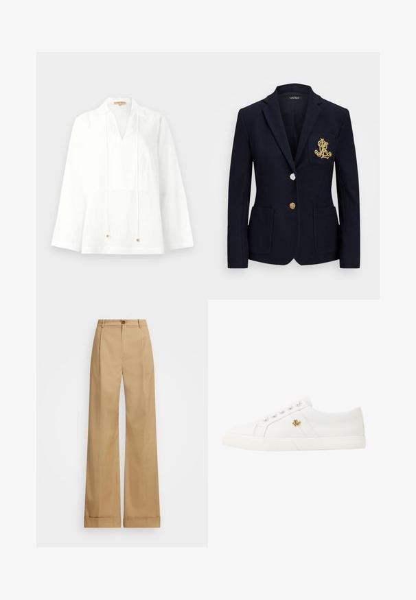 Marineblazer aus einem strukturierten Stoff, mit goldenen Beschlägen, einem einzigen Knopfverschluss und einer Brusttasche, die mit einem gestickten Logo versehen ist.; Weiße Leinenbluse mit V-Ausschnitt, langen Ärmeln und lockerer Passform. Verfügt über Kordelzüge mit kleinen metallischen Akzenten. Glatte Textur.; Beige weite Beinhosen mit Knopfverschluss, die eine glatte Textur und gebügelte Falten aufweisen. Mit umgeschlagenen Säumen für zusätzliche Details.; Lauren Ralph Lauren JANSON II CANVAS SNEAKER - Sneaker low - optic white