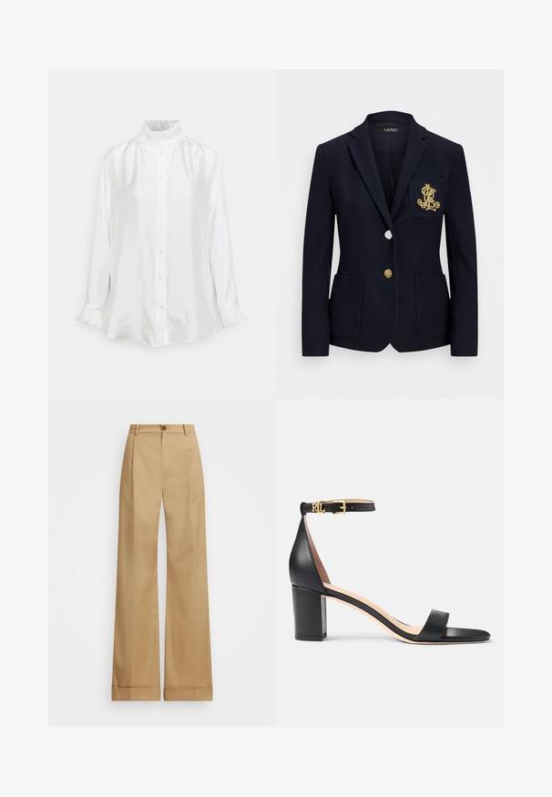 Marineblazer van een gestructureerde stof, met gouden hardware, een enkele knoopsluiting en een borstzak met een geborduurd logo.; Witte satijnen shirt met een hoge rimpelkragen, lange mouwen met geprofileerde manchetten en een knoopsluiting aan de voorkant. Glad textuur met een relaxte pasvorm.; Beige wijde broek met een knoopsluiting, voorzien van een soepele textuur en persplooien. Met afgeronde zoom voor extra detail.; Lauren Ralph Lauren LOGAN BURNISHED LEATHER SANDAL - Sandalen - black