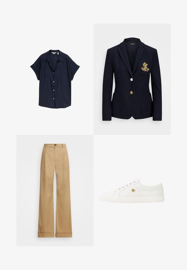 Blazer navy in tessuto texturizzato, con accessori in oro, chiusura a un bottone e taschino sul petto con logo ricamato.; Camicia button-up a manica corta blu navy in tessuto leggero con vestibilità rilassata, caratterizzata da un colletto classico e bottoni bianchi.; Pantaloni beige a gamba larga con chiusura a bottone, caratterizzati da una trama liscia e pieghe stirate. Bottoms con risvolto per un tocco in più.; Lauren Ralph Lauren JANSON II CANVAS SNEAKER - Sneakers basse - optic white