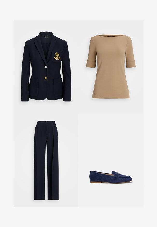 Jūrų laivyno švarkas iš tekstūruoto audinio, su auksiniais aksesuarais, vieno mygtuko užsegimu ir krūtininės kišene su siuvinėtu logotipu.; Bežinė trumpa rankovė viršūnė su apykakle, turinti sušvelnintas rankoves ir lygų paviršių. Mažas logotipo elementas arti krašto.; Jūros mėlynumo plačios kelnės su klostėmis, sagčių uždarymu ir lygia audinio tekstūra. Sukurtos laisvam, patogiam pritaikymui.; Lauren Ralph Lauren AVERI III SUEDE LOAFER - Įmautiniai batai - refined navy