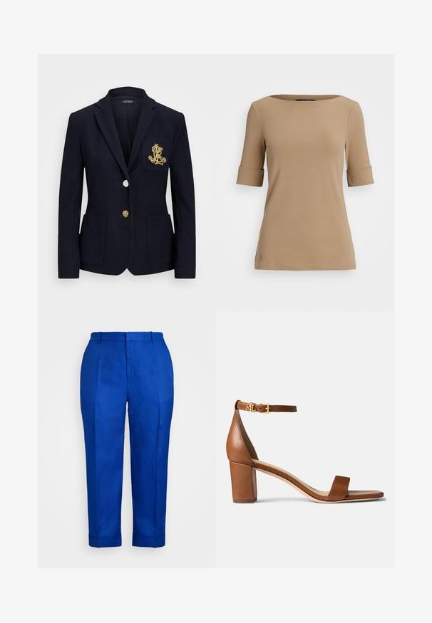 Blazer azul-marinho com um tecido texturado, acessórios em dourado, fecho de um único botão e um bolso no peito com um logótipo bordado.; Top bege de manga curta com decote redondo, apresentando punhos dobrados e uma textura suave. Pequeno detalhe de logotipo perto da barra.; Calças de linho azuis com um corte reto, apresentando uma textura suave, bainhas dobradas e pregas frontais para uma aparência cuidada.; Lauren Ralph Lauren LOGAN BURNISHED LEATHER SANDAL - Sandálias - deep saddle tan