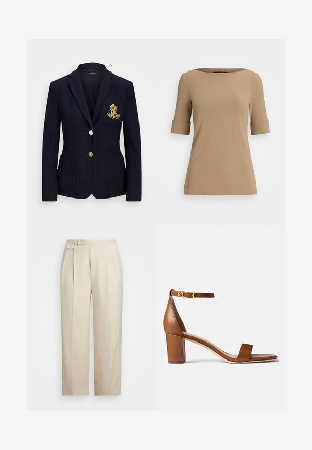 Mornarsko sako iz teksturiranega materiala, z zlatimi detajli, enojnim gumbom in žepom na prsih, ki ima izvezen logotip.; Bež majica s kratkimi rokavi in okroglim izrezom, z zavitimi manšetami in gladko teksturo. Majhen logotip ob spodnjem robu.; Bež hlače s visokim pasom, zapenjanjem na dve gumbe in enim sprednjim naborkom. Gladko blago s ravnim krojem in manšetami.; Lauren Ralph Lauren LOGAN BURNISHED LEATHER SANDAL - Sandali - deep saddle tan