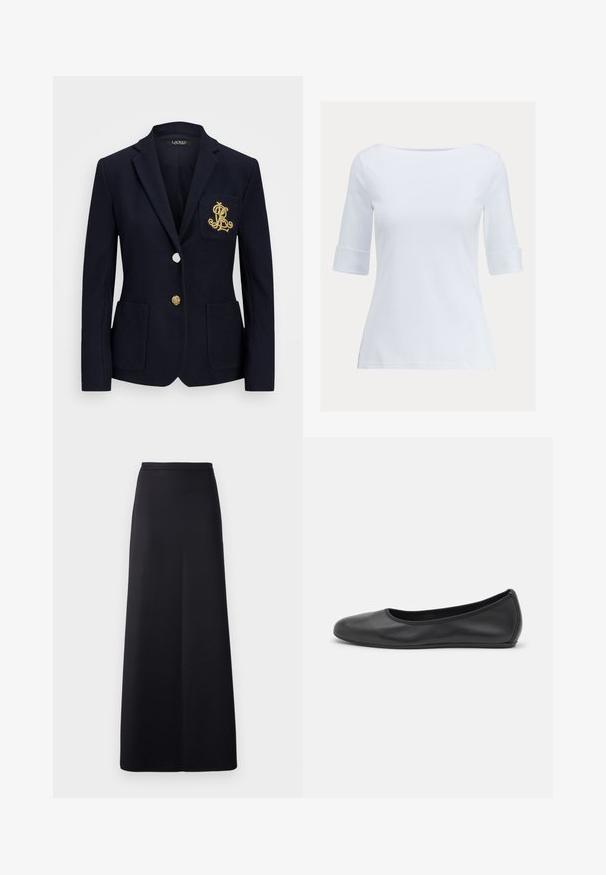 Tengerészblézer texturált anyagból, arany színű kiegészítőkkel, egy gombos záródással és mellzsebbel, amelyen hímezett logó található.; Fehér pamut póló széles nyakkivágással, háromnegyedes ujjakkal és felgöngyölt mandzsettákkal. Sima textúra, testhezálló kialakítás és nincs látható minta.; Fekete, földig érő szoknya sima anyagból. Feszes derékrésszel rendelkezik, és minimalista dizájnú, látható minták vagy kiegészítők nélkül.; Fekete bőr balettcipő lekerekített orral, sima tekstúrával, minimális varrással és rugalmas talp kialakítással.