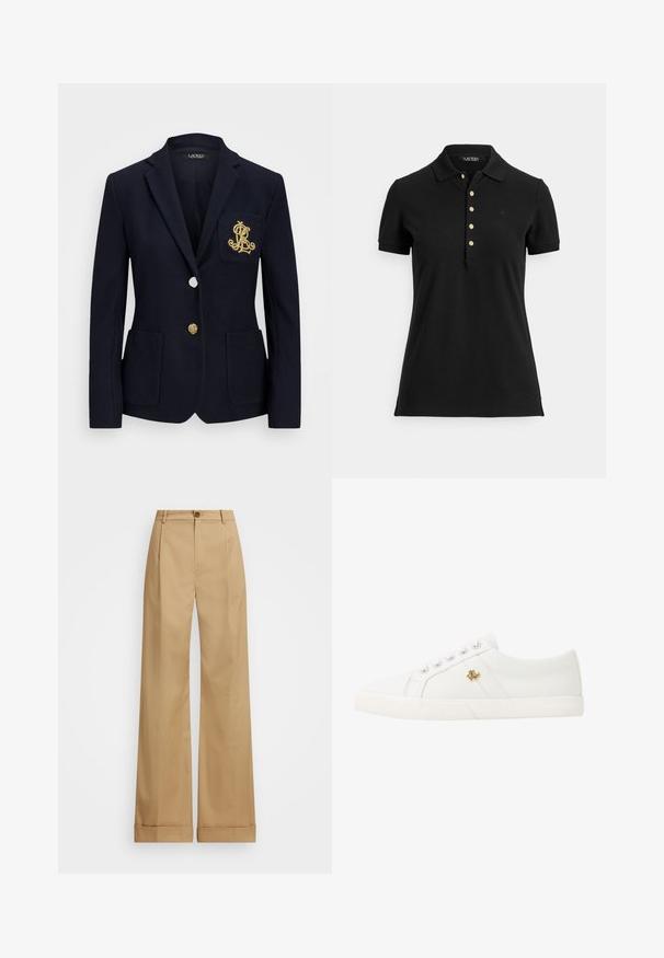 Navy blazer with a textured fabric, gold hardware, a single button closure, and a chest pocket featuring an embroidered logo.; Black polo shirt made of textured fabric, featuring a collar, short sleeves, and a placket with gold buttons. Subtle logo detail on the chest.; Beige wide-leg trousers with a button closure, featuring a smooth texture and pressed creases. Cuffed hems for added detail.; Lauren Ralph Lauren JANSON II CANVAS SNEAKER - Trainers - optic white