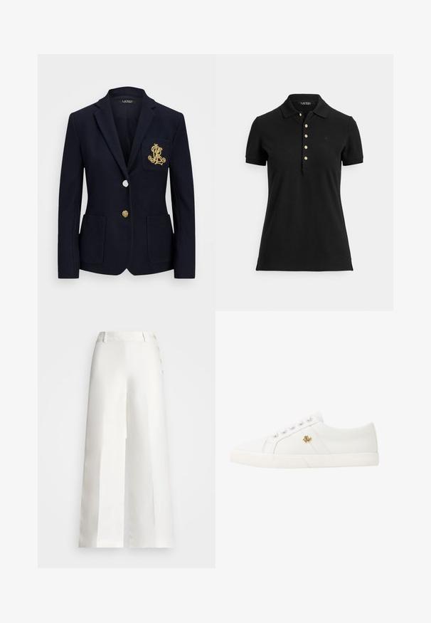 Navy blazer with a textured fabric, gold hardware, a single button closure, and a chest pocket featuring an embroidered logo.; Black polo shirt made of textured fabric, featuring a collar, short sleeves, and a placket with gold buttons. Subtle logo detail on the chest.; Lauren Ralph Lauren BASHRALLE CROPPED FLAT FRONT - Trousers - white; Lauren Ralph Lauren JANSON II CANVAS SNEAKER - Trainers - optic white