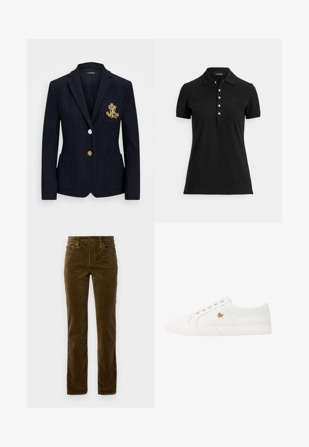 Marinblå kavaj med texturerad tyg, guldfärgad hårdvara, en enkel knäppning och en bröstficka med en broderad logotyp.; Svart pikétröja i texturerat tyg med krage, korta ärmar och en slits med guldfärgade knappar. Diskret logodetalj på bröstet.; Lauren Ralph Lauren STRETCH CORDUROY STRAIGHT TROUSER - Tygbyxor - botanic green; Lauren Ralph Lauren JANSON II CANVAS SNEAKER - Sneakers - optic white