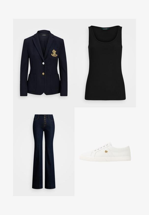 Mornarica jakna steksturiranom tkaninom, zlatnim detaljima, zatvaranjem na jedan gumb i prsnom džepom s izvezenim logotipom.; Crni rebrasti top bez rukava s zaobljenim izrezom, priljubljen oblikom i neprimjetnim rubovima. Tkanina je meka i rastezljiva. Na oznaci piše "LAUREN."; Visoke traperice sa širokim nogavicama u tamnom denimu s pet dugmadi u prednjem dijelu, kontrastnim žutim šavovima i glatkom teksturom.; Lauren Ralph Lauren JANSON II CANVAS SNEAKER - Tenisice - optic white