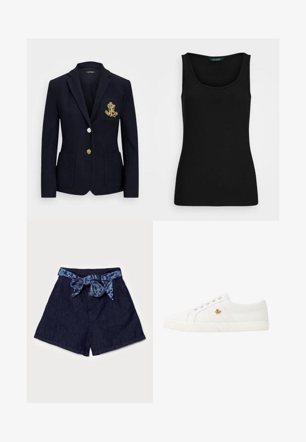 Jūrų laivyno švarkas iš tekstūruoto audinio, su auksiniais aksesuarais, vieno mygtuko užsegimu ir krūtininės kišene su siuvinėtu logotipu.; Juoda banguota liemenėlė su apvaliu kaklu, prigludusiu siluetu ir be siūlių kraštais. Audinys minkštas ir elastingas. Etiketėje parašyta "LAUREN."; Tamsiai mėlyni džinsiniai šortai su plačiu juosmeniu, priekyje su surištomis raštuotomis audinio diržais. Matomos dvi šoninės kišenės.; Lauren Ralph Lauren JANSON II CANVAS SNEAKER - Sportbačiai - optic white
