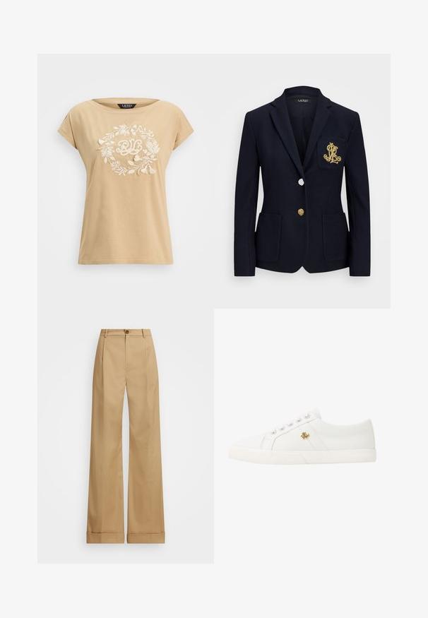 Marineblazer i teksturert stoff, med gullbeslag, enkel knappelukking og brystlomme med brodert logo.; Beige bomull t-skjorte med avslappet passform, med et hvitt brodert blomsterkransdesign og "RLC" initialene i midten.; Beige vide bukser med knaplukning, som har en glat overflade og pressede folder. Med opsmøg for ekstra detaljer.; Lauren Ralph Lauren JANSON II CANVAS SNEAKER - Joggesko - optic white